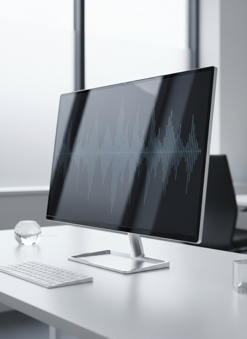 A close-up of a polished audio waveform displayed on a high-resolution, ultra-thin LED monitor with a slim silver frame, the visualization made up of clean, structured peaks and valleys in subtle gradient tones of charcoal and slate blue. The monitor rests on a pristine white workspace, accompanied by a geometric glass paperweight and a wireless keyboard, set against a calm, out-of-focus office backdrop. Bright, natural daylight diffuses through a frosted window, illuminating the space evenly and imparting gentle reflections on the monitor. The mood is analytical and creative, imparting an air of technical mastery. Centered composition with sharp clarity throughout captures the essence of digital music editing within a professional context.