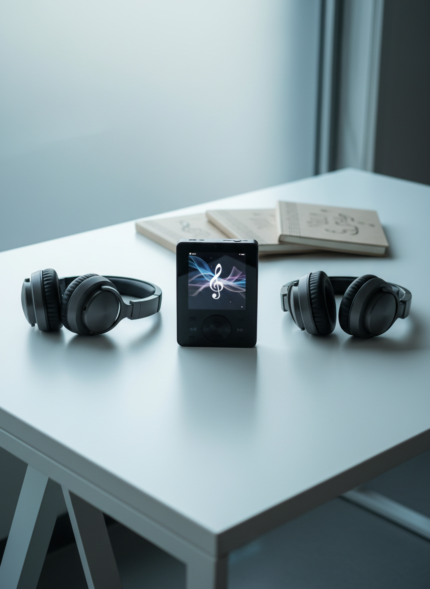 An elegant black touchscreen digital music player with a crisp interface displaying a stylized album cover, placed centrally on a structured white office desk with gentle matte texture. Surrounding the device are streamlined, dark grey over-ear headphones and a subtle arrangement of neutral-bound music journals, suggesting creativity and organization. Under soft, cool daylight filtered through frosted office glass, highlights softly reflect off the player’s screen and headphones, casting slight, clean-edged shadows. The atmosphere is calm, sophisticated, and inviting, with a sense of technological excellence. Captured with a slightly elevated angle and deep focus, the composition is balanced and symmetric, reinforcing the professional, photographic realism ideal for a refined music portfolio.