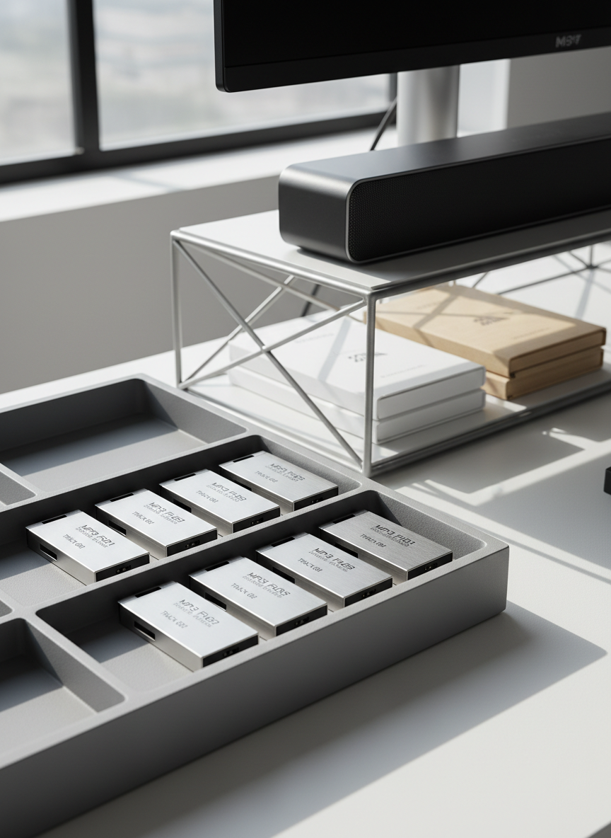A neatly stacked array of elegant, custom-labeled MP3 file USB drives in brushed aluminum, arranged diagonally across a matte, dove-grey desktop organizer. In the background, subtle geometric shelving contains closed, minimalist media cases and a slim, modern soundbar. The space is flooded with diffused daylight, which lends brightness and gentle contrast, highlighting the metallic accents and casting orderly, soft shadows. The overall mood is composed and orderly, with a sense of premium quality. The composition employs the rule of thirds, drawing the eye to the USB drives, and the photographic style is crisp, modern, and polished—conveying a corporate approach to digital music curation.