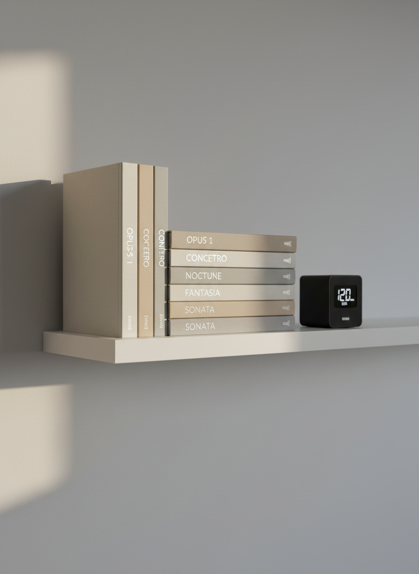 A meticulous arrangement of neutral-toned, hardcover music composition books stacked with spines out on a simple, floating white wall shelf, each label featuring understated silver foil titling. Resting beside the books, a small matte black digital metronome adds a hint of modernity. The wall backdrop is an ultra-smooth, pale grey finish. Soft early afternoon sunlight falls across the scene at an angle, creating gentle highlights on the book spines and subtle shadow gradients beneath the shelf. The overall effect is serene and scholarly, with a hint of creative inspiration. Taken from a slightly lower angle and framed off-center, the minimalist photographic composition perfectly suits a contemporary music portfolio website with a corporate feel.